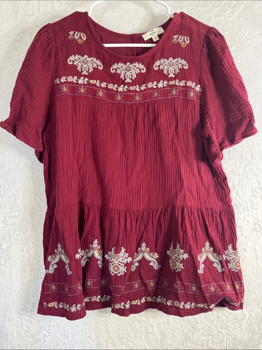 Entro Medium Rust Red Embroidered Peasant Top